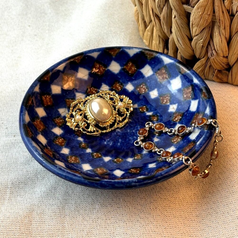 Blue‎ White Polish Stoneware Folk Vanity Accessory Trinket Candy Dish Checkered